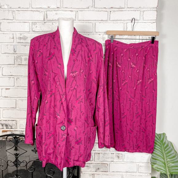Vintage Jackets & Blazers - Vintage 80s Magenta Pink Floral Boho Southwestern Print Blazer Skirt Set 14